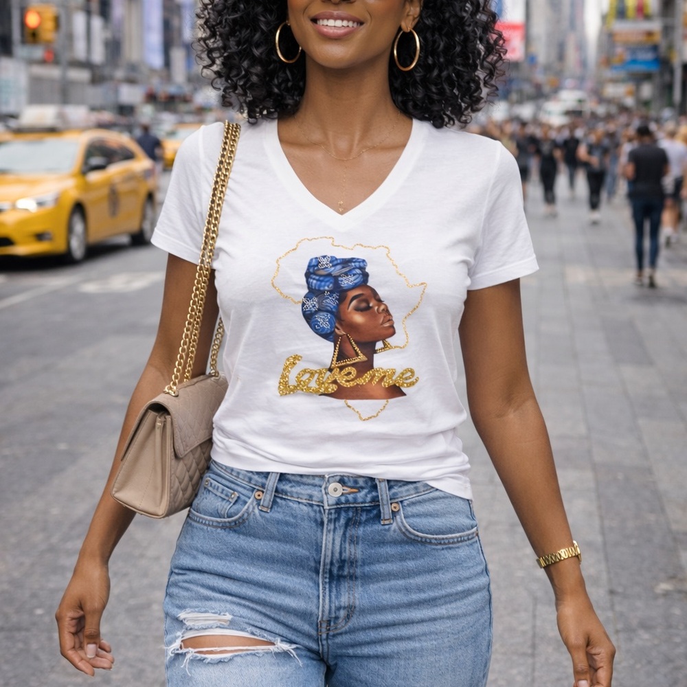 Next Level Apparel White V-Neck Tee with Blue Headwrap Graphic
